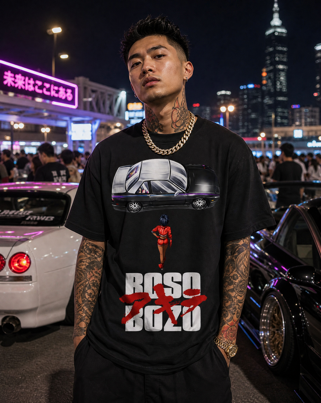 Male model wearing black BOSO AKIRA Tee with Nissan S13 anime-inspired graphic