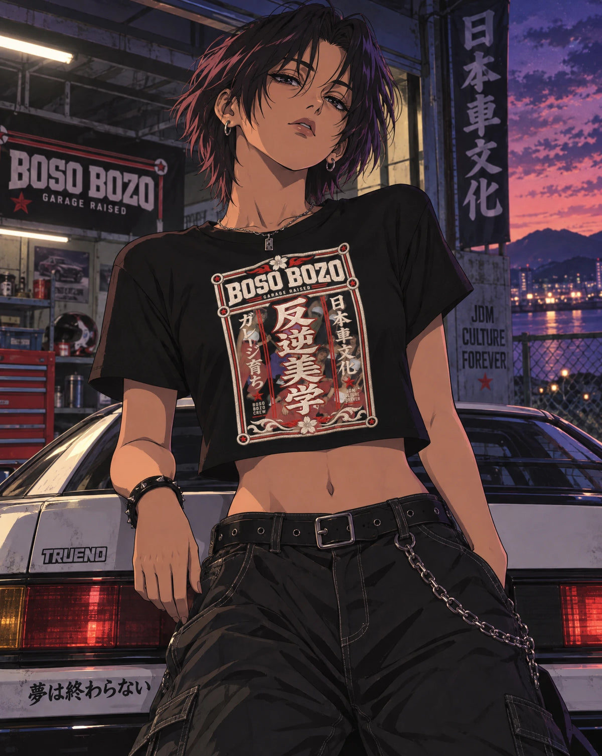 Anime-style character leaning against a car in a garage at dusk, wearing a cropped black T-shirt with a large red, beige, and white Boso Bozo graphic print and dark cargo pants.