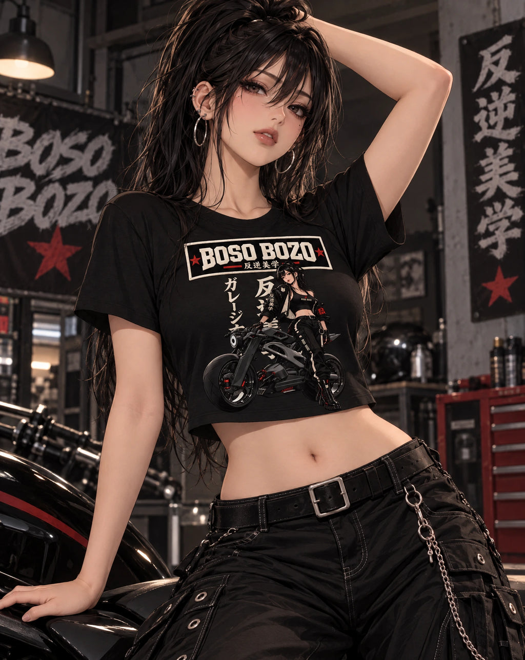 A woman in a black cropped graphic T-shirt with 'BOSO BOZO' text and motorcycle artwork, paired with black cargo pants, posed in a garage-like setting with automotive decor and signage.
