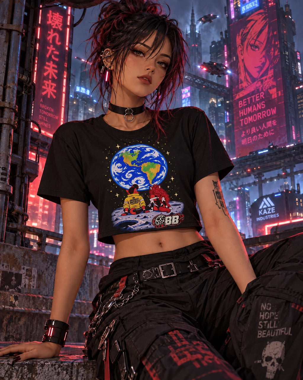 A person in a cyberpunk city setting wearing a black cropped graphic T-shirt with a colorful Earth graphic and red hair, paired with black cargo pants and accessories.