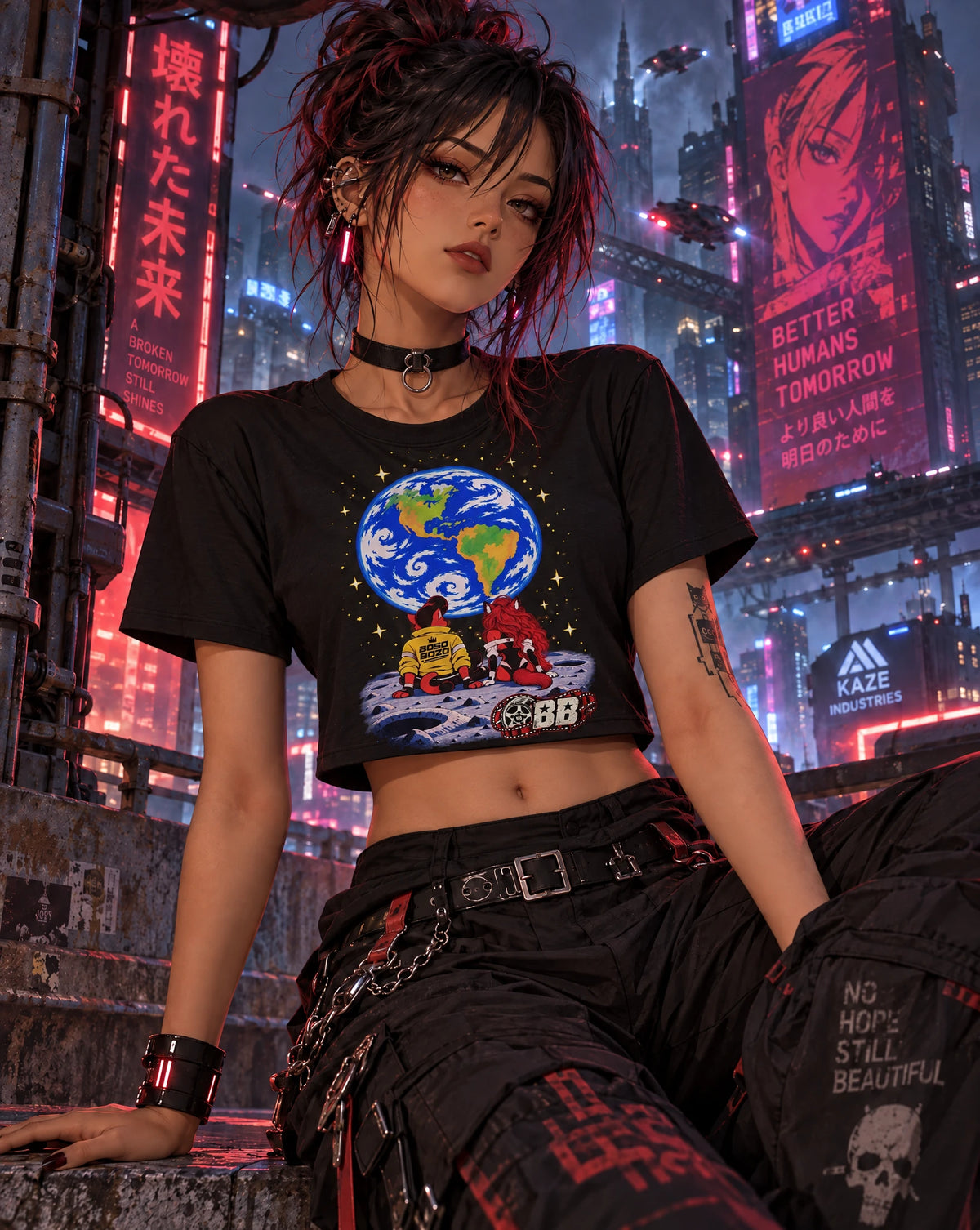 A person in a cyberpunk city setting wearing a black cropped graphic T-shirt with a colorful Earth graphic and red hair, paired with black cargo pants and accessories.