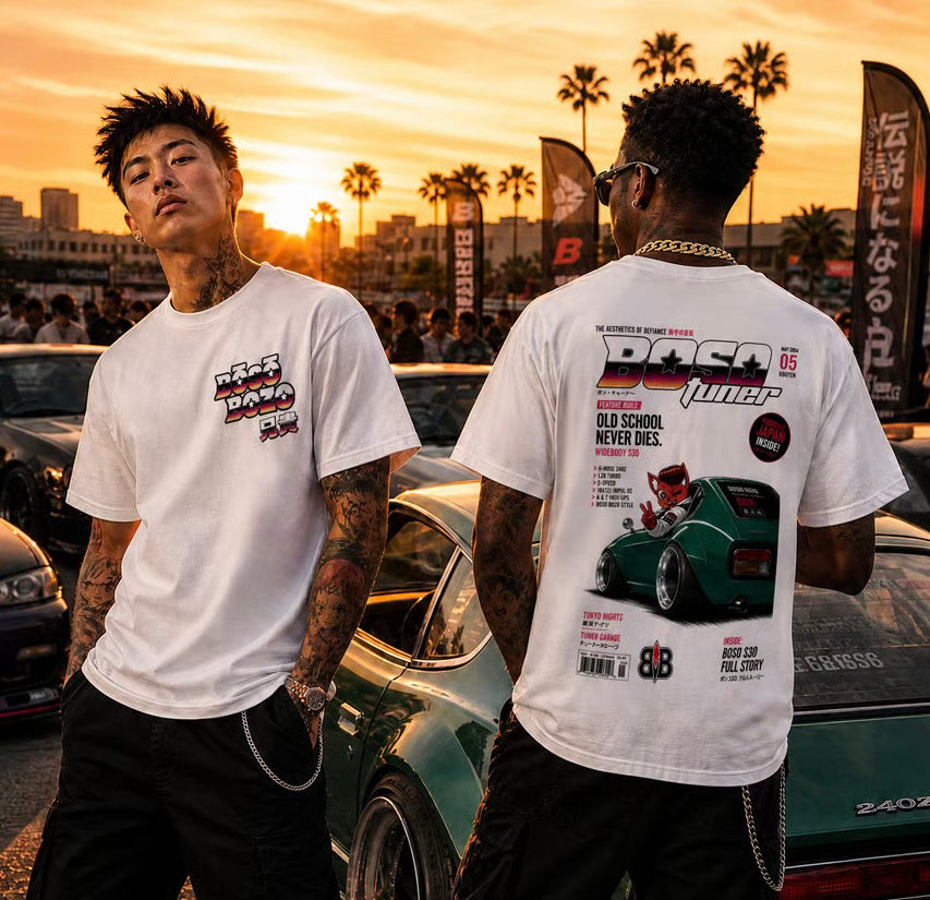 Two men standing outdoors at sunset wearing white graphic T-shirts, showing both the front and back designs. The shirts feature 'Bosa Tuner' graphics, with one shirt displaying a front chest logo and the other a large back print with a green car illustration.