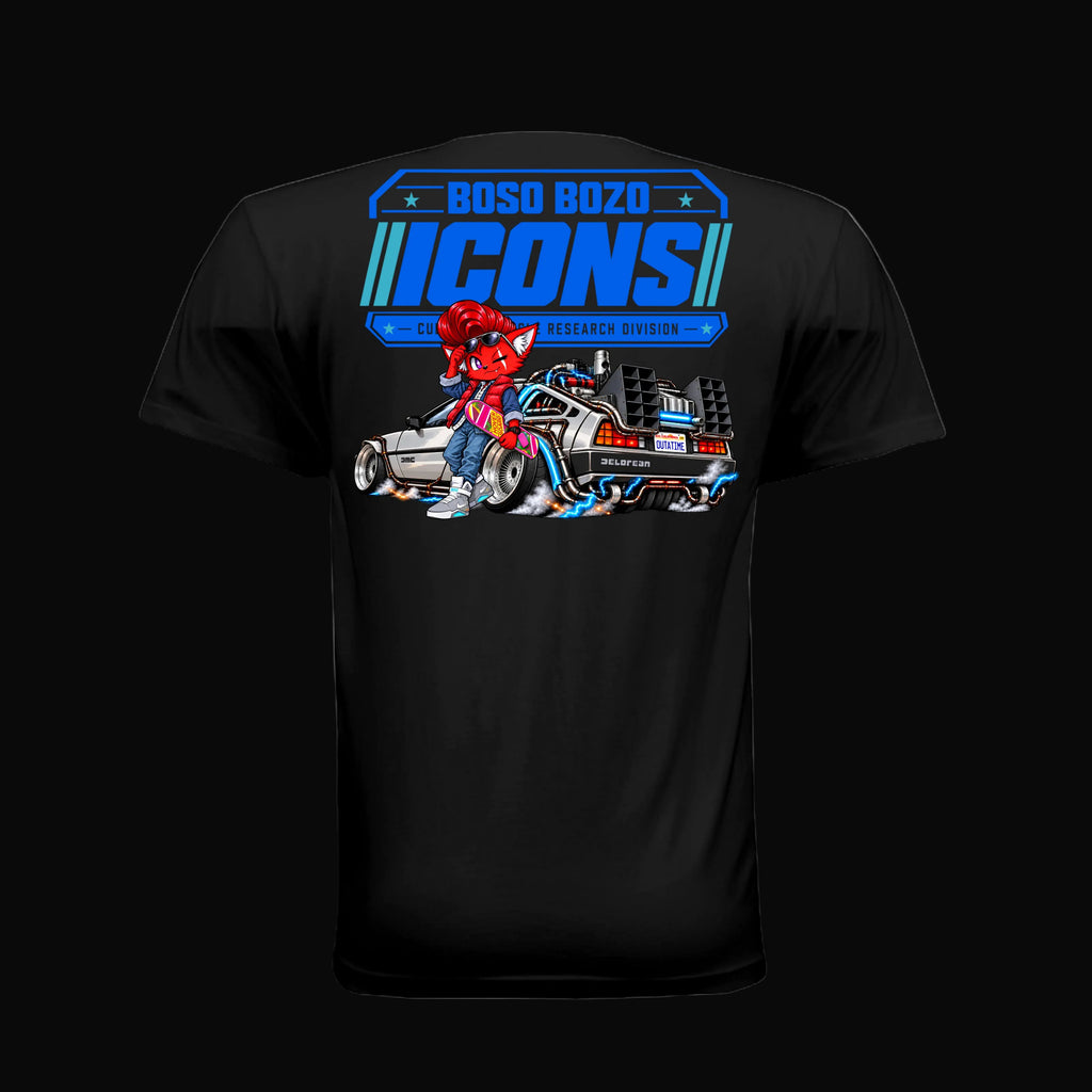 BOSO BOZO BB//ICONS ICON-01 black tee back with Giri, slammed time machine and Cultural Vehicle Research Division artwork