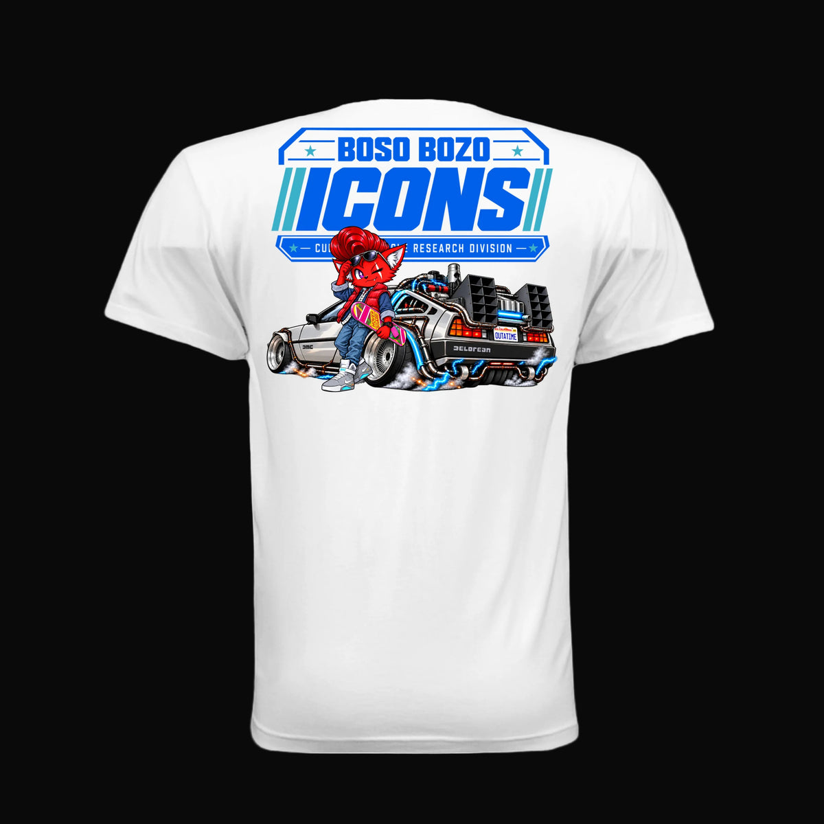 BOSO BOZO BB//ICONS ICON-01 white tee back with Giri, slammed time machine and Cultural Vehicle Research Division artwork