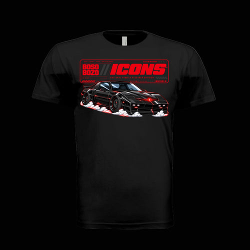 BOSO BOZO BB//ICONS ICON-02 black tee front with slammed black pursuit car, red scanner light and Cultural Vehicle Research Division graphic
