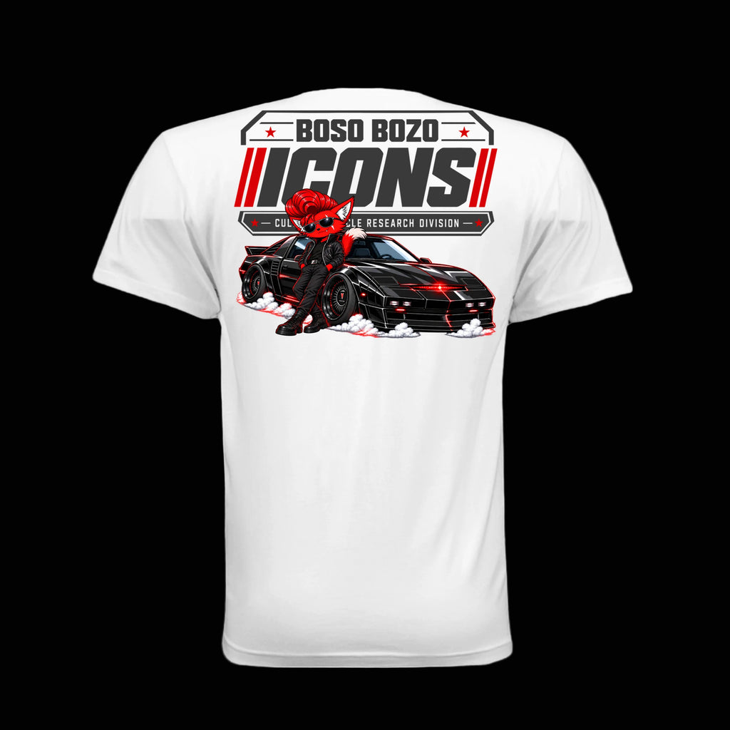 BOSO BOZO BB//ICONS ICON-02 white tee back with Giri in black streetwear, slammed pursuit car and Cultural Vehicle Research Division artwork