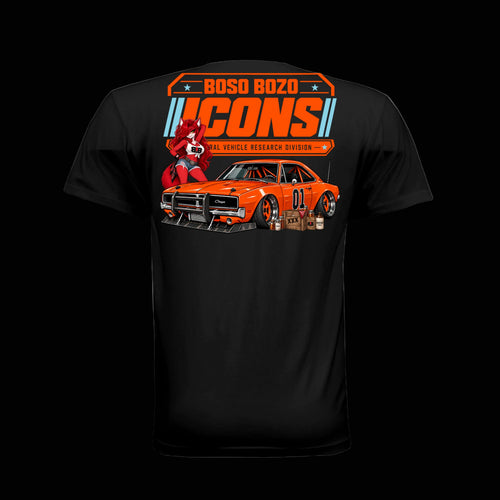 BOSO BOZO BB//ICONS ICON-03 black tee back with Rin, slammed orange outlaw coupe, moonshine props and Cultural Vehicle Research Division artwork