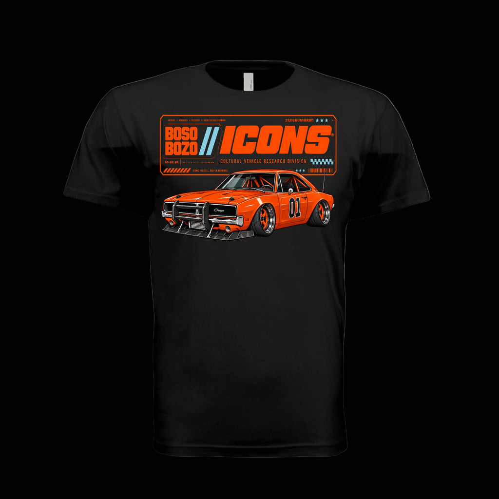 BOSO BOZO BB//ICONS ICON-03 black tee front with slammed orange outlaw coupe, 01 door graphic and Cultural Vehicle Research Division design