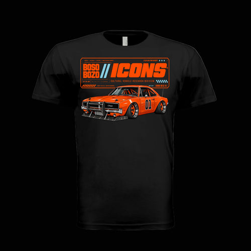 BOSO BOZO BB//ICONS ICON-03 black tee front with slammed orange outlaw coupe, 01 door graphic and Cultural Vehicle Research Division design