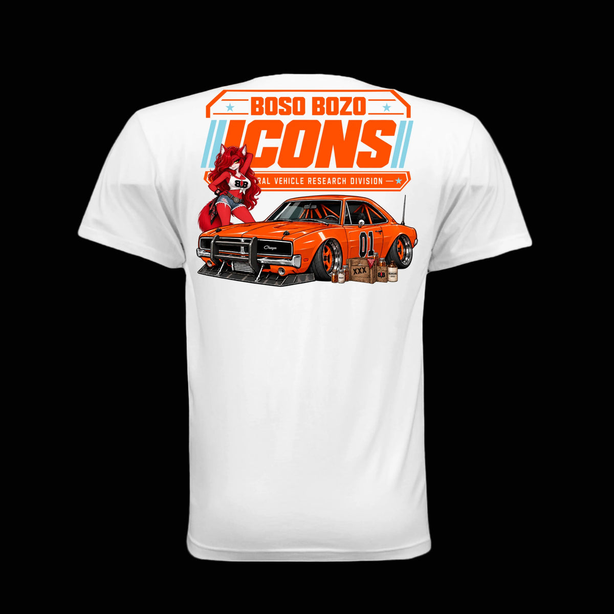 BOSO BOZO BB//ICONS ICON-03 white tee back with Rin, slammed orange outlaw coupe, moonshine props and Cultural Vehicle Research Division artwork