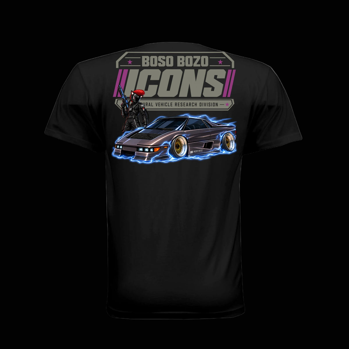 BOSO BOZO BB//ICONS ICON-04 black tee back with masked Giri, slammed wedge-shaped turbo interceptor, blue electric effects and Cultural Vehicle Research Division artwork