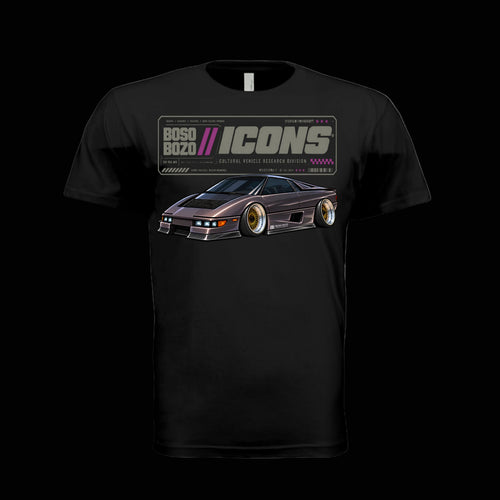 BOSO BOZO BB//ICONS ICON-04 black tee front with slammed wedge-shaped turbo interceptor and Cultural Vehicle Research Division design