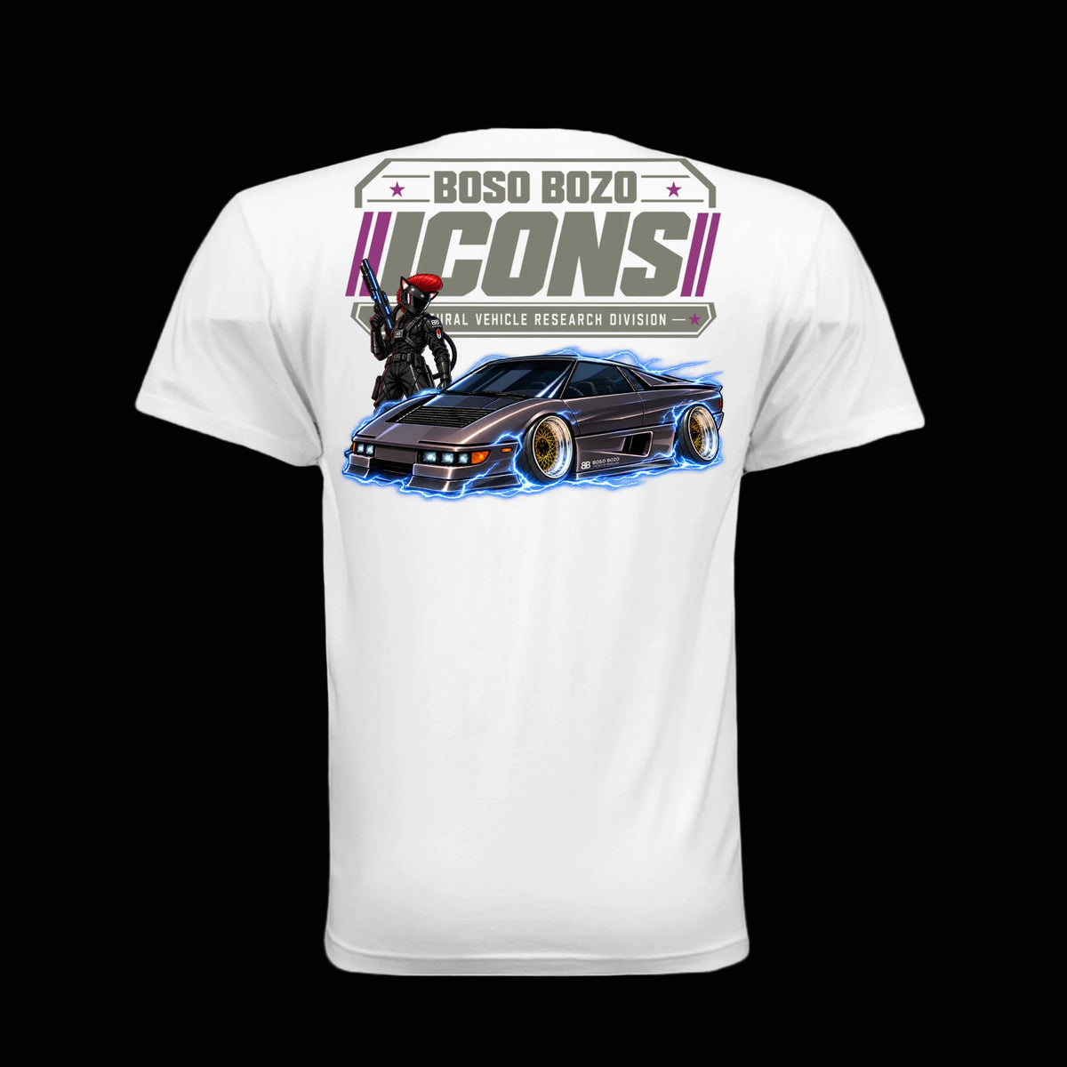 BOSO BOZO BB//ICONS ICON-04 white tee back with masked Giri, slammed wedge-shaped turbo interceptor, blue electric effects and Cultural Vehicle Research Division artwork