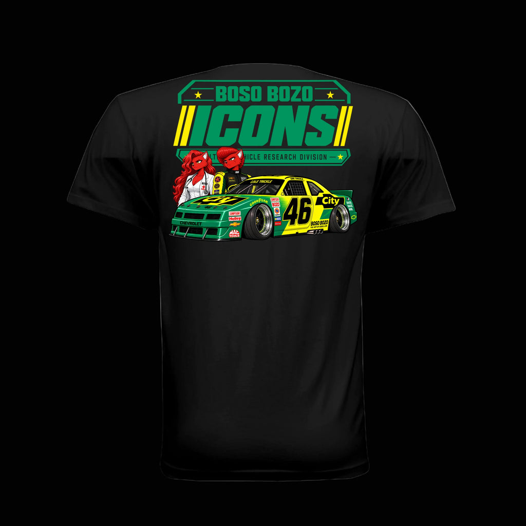 BOSO BOZO BB//ICONS ICON-05 black tee back with Giri in racewear, Rin behind the car, slammed green and yellow stock car and Cultural Vehicle Research Division artwork