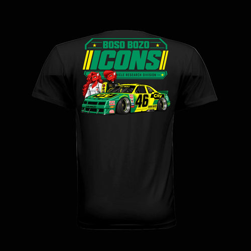 BOSO BOZO BB//ICONS ICON-05 black tee back with Giri in racewear, Rin behind the car, slammed green and yellow stock car and Cultural Vehicle Research Division artwork