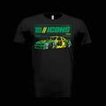 BOSO BOZO BB//ICONS ICON-05 black tee front with slammed green and yellow stock car, 46 door graphic and Cultural Vehicle Research Division design