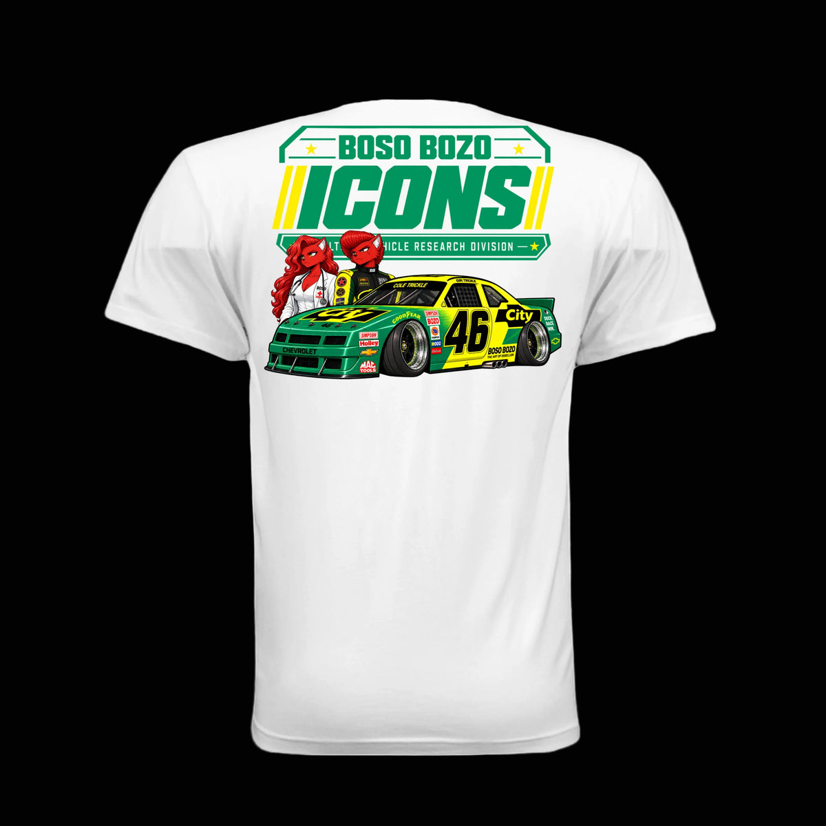 BOSO BOZO BB//ICONS ICON-05 white tee back with Giri in racewear, Rin behind the car, slammed green and yellow stock car and Cultural Vehicle Research Division artwork