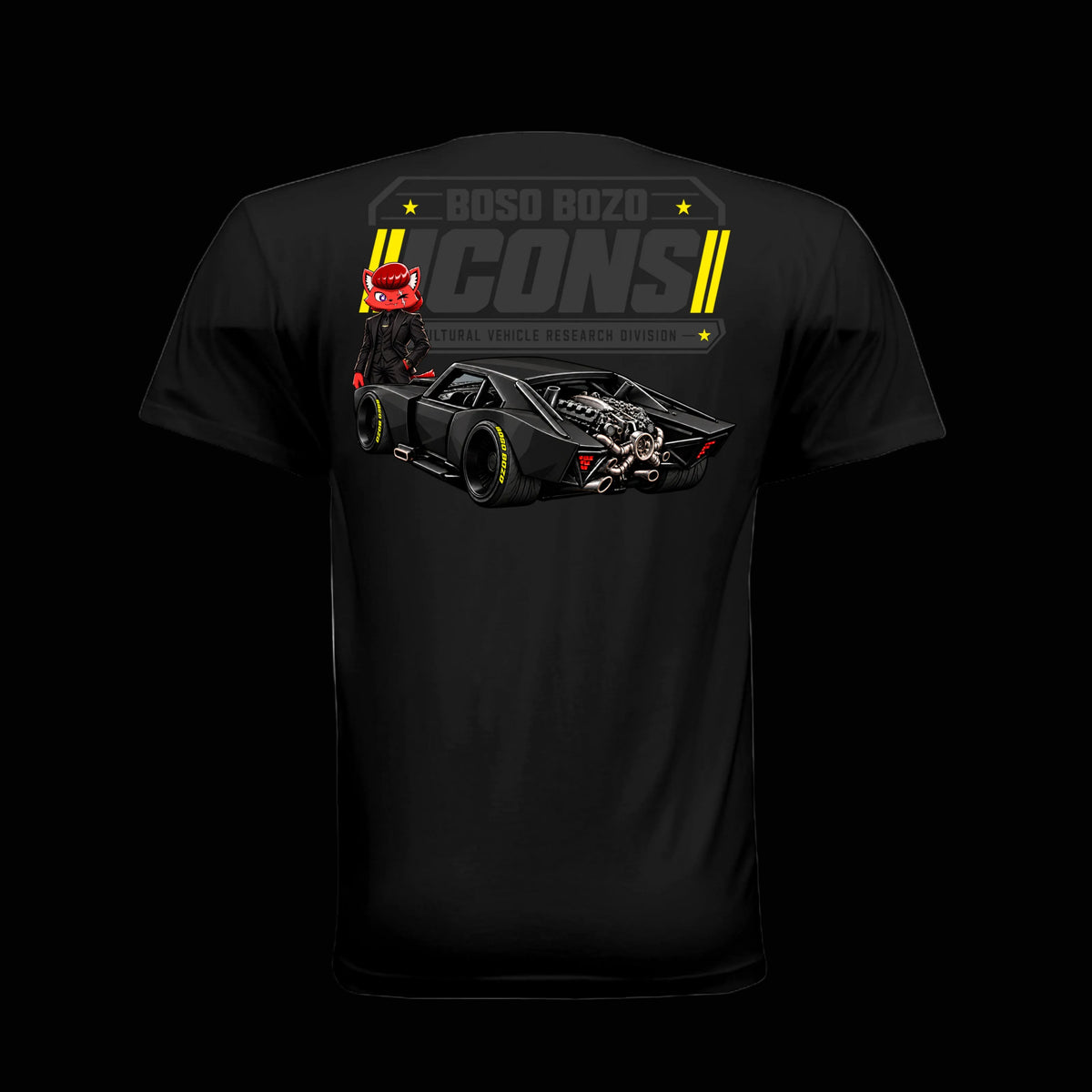 BOSO BOZO BB//ICONS ICON-06 black tee back with Giri, slammed black high-end car, exposed rear mechanicals and Cultural Vehicle Research Division artwork