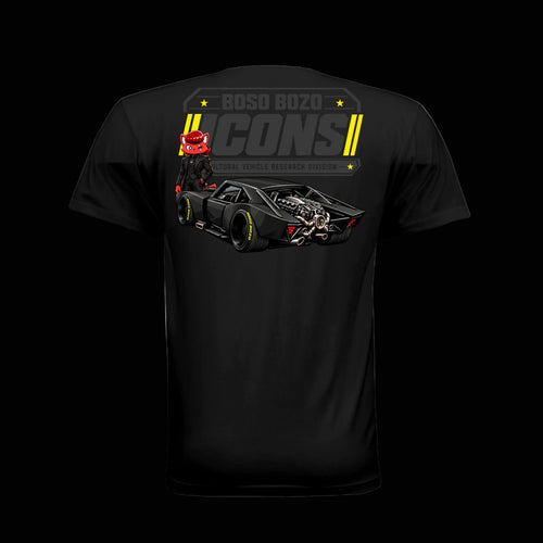 BOSO BOZO BB//ICONS ICON-06 black tee back with Giri, slammed black high-end car, exposed rear mechanicals and Cultural Vehicle Research Division artwork