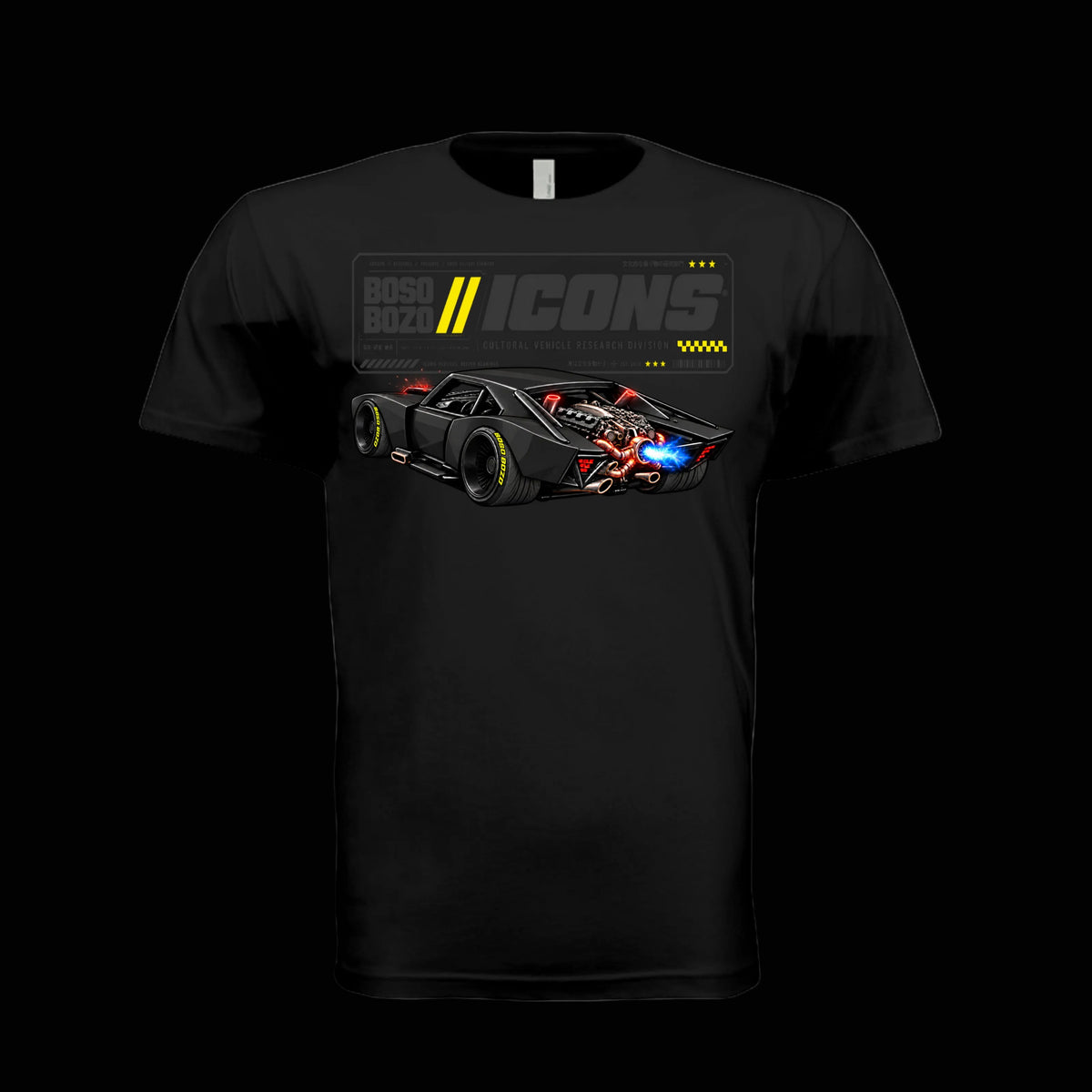 BOSO BOZO BB//ICONS ICON-06 black tee front with slammed black high-end car, exposed rear engine and Cultural Vehicle Research Division design