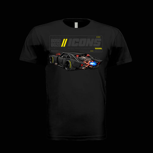 BOSO BOZO BB//ICONS ICON-06 black tee front with slammed black high-end car, exposed rear engine and Cultural Vehicle Research Division design