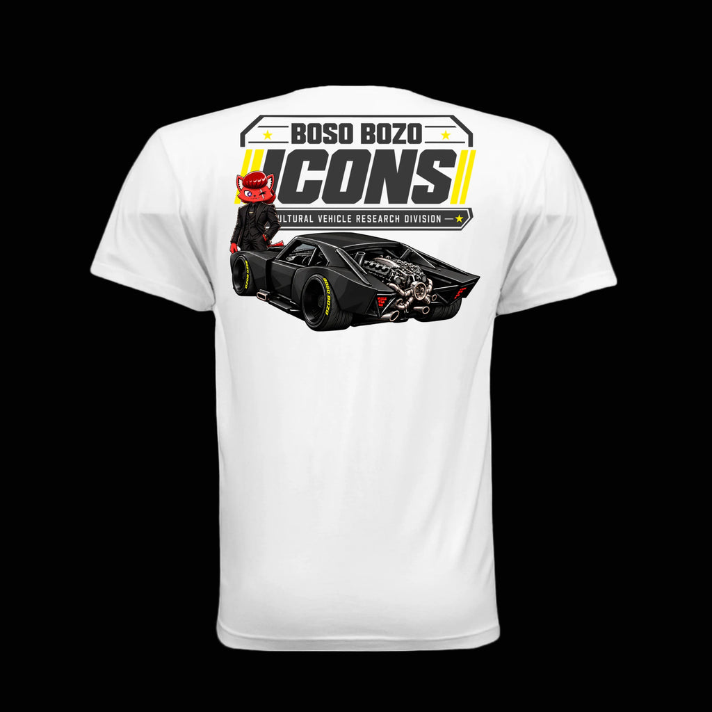 BOSO BOZO BB//ICONS ICON-06 white tee back with Giri, slammed black high-end car, exposed rear mechanicals and Cultural Vehicle Research Division artwork