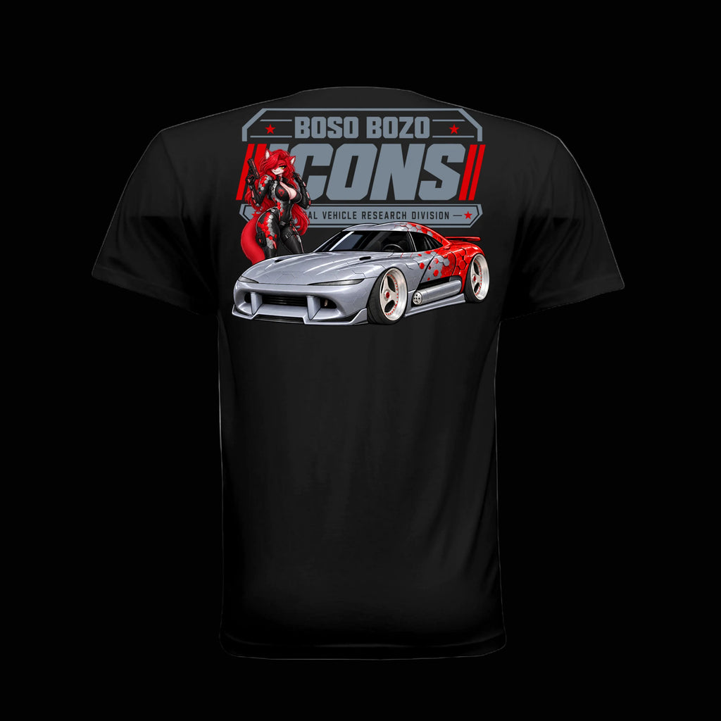 BOSO BOZO BB//ICONS ICON-07 black tee back with Rin, slammed silver and red transforming attack car and Cultural Vehicle Research Division artwork