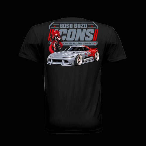BOSO BOZO BB//ICONS ICON-07 black tee back with Rin, slammed silver and red transforming attack car and Cultural Vehicle Research Division artwork