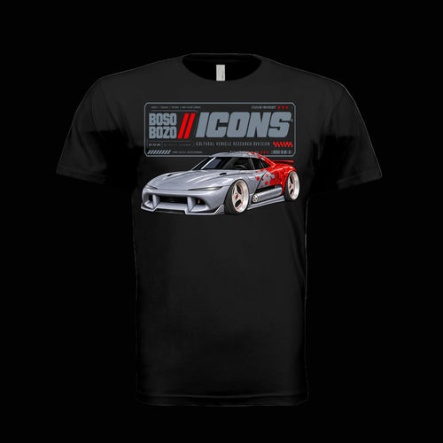 BOSO BOZO BB//ICONS ICON-07 black tee front with slammed silver and red transforming attack car and Cultural Vehicle Research Division design