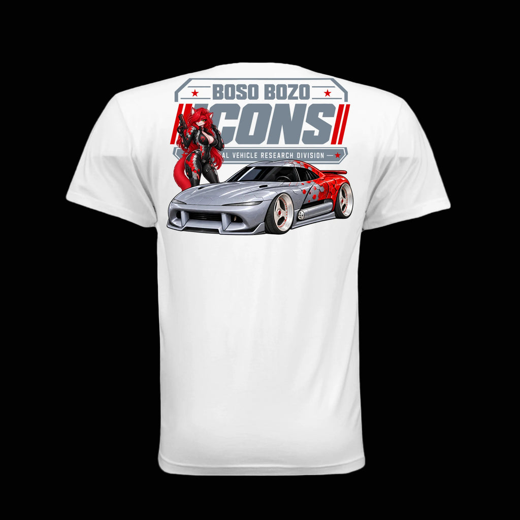 BOSO BOZO BB//ICONS ICON-07 white tee back with Rin, slammed silver and red transforming attack car and Cultural Vehicle Research Division artwork