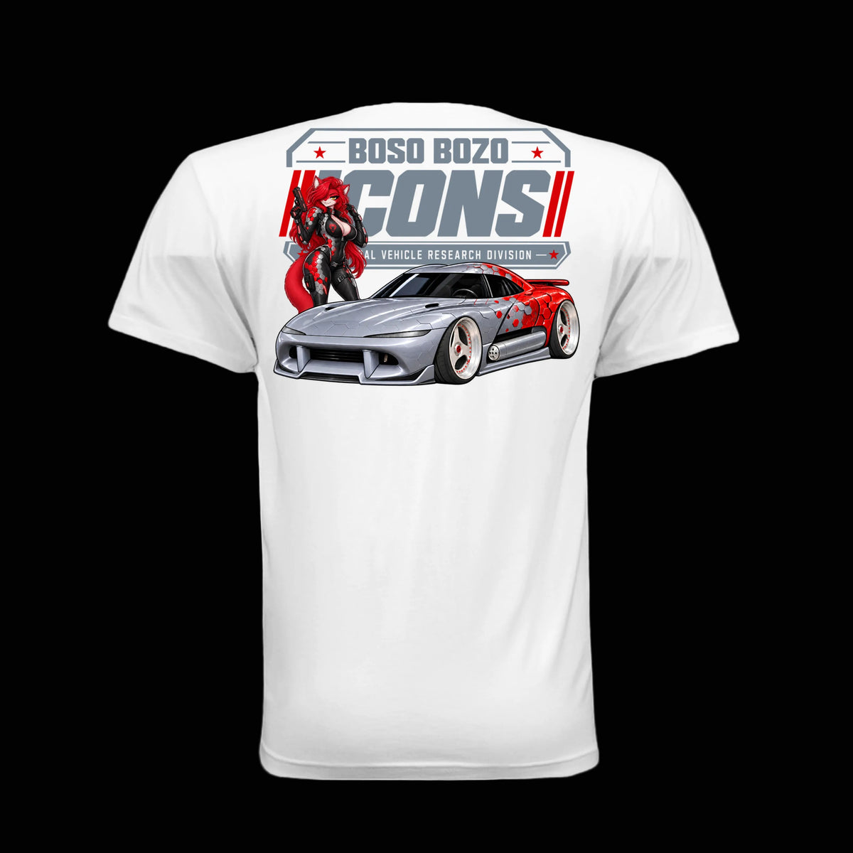 BOSO BOZO BB//ICONS ICON-07 white tee back with Rin, slammed silver and red transforming attack car and Cultural Vehicle Research Division artwork