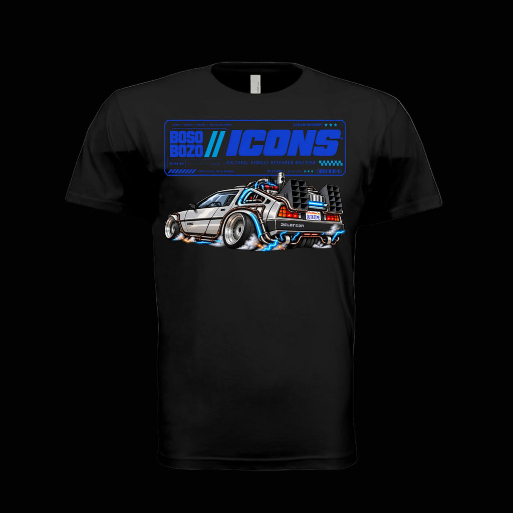 BOSO BOZO BB//ICONS ICON-01 black tee front with slammed stainless-steel time machine and Cultural Vehicle Research Division graphic