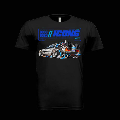 BOSO BOZO BB//ICONS ICON-01 black tee front with slammed stainless-steel time machine and Cultural Vehicle Research Division graphic