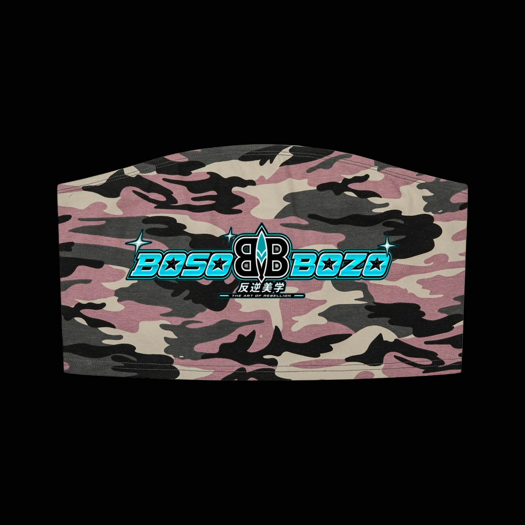 A camouflage-patterned headband with a pink, black, and beige camo design, featuring a central graphic logo that reads 'BOZO BOZO' in bright blue and white with a star motif.