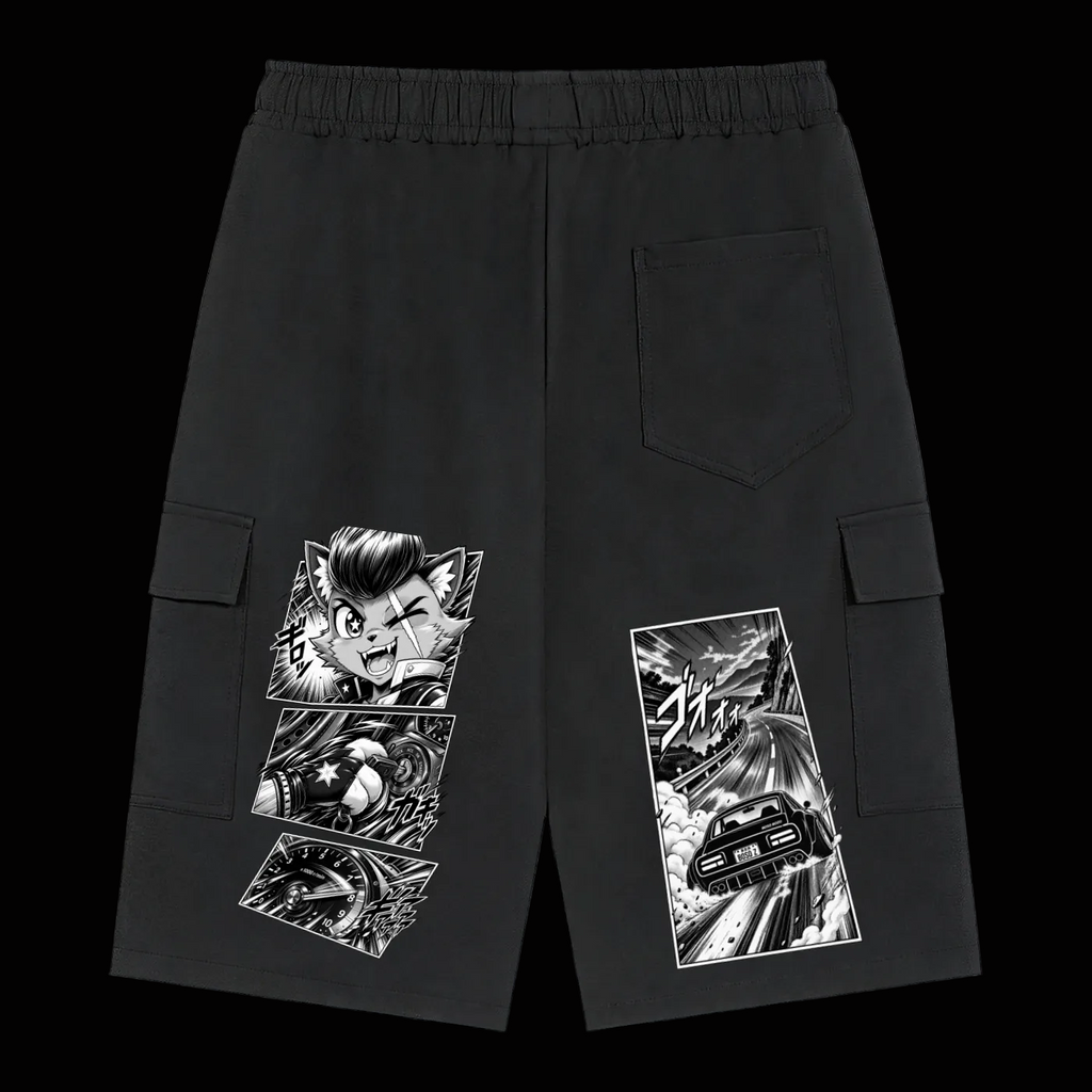 BOSO BOZO black manga cargo shorts with Giri comic panels, tachometer artwork, and BOSO Z racing scene across the back legs