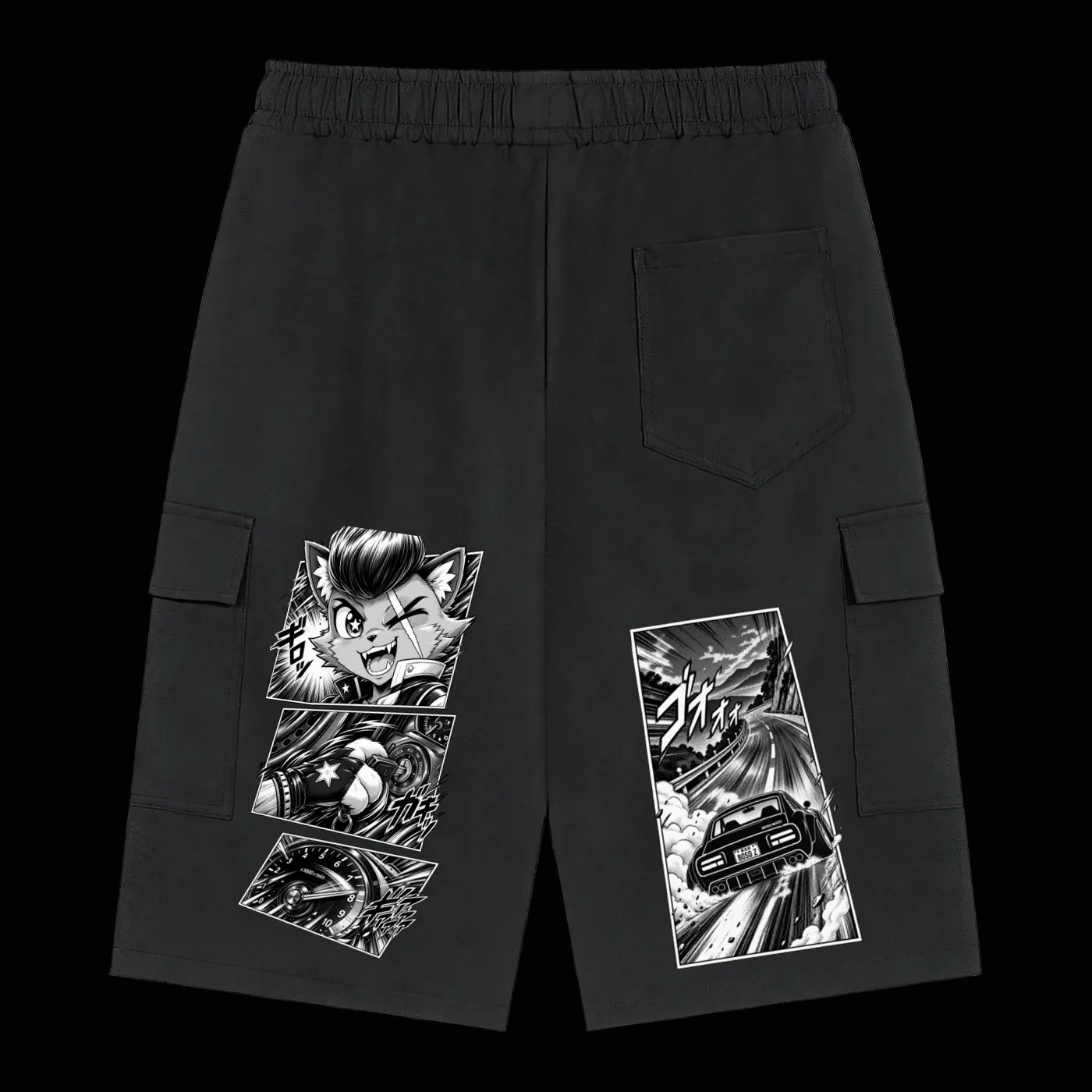 BOSO BOZO black manga cargo shorts with Giri comic panels, tachometer artwork, and BOSO Z racing scene across the back legs