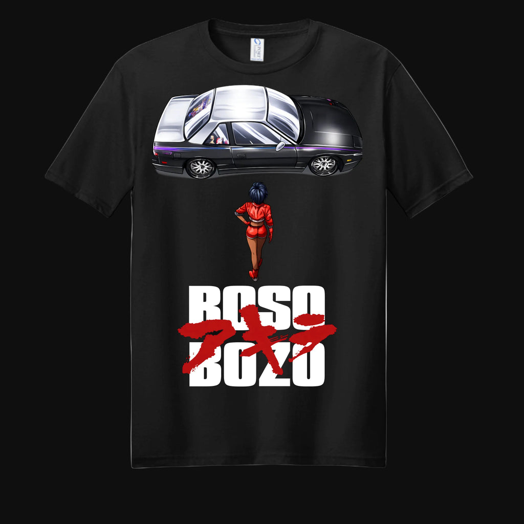 Front of black BOSO AKIRA Tee featuring Nissan S13 and anime-inspired female character artwork