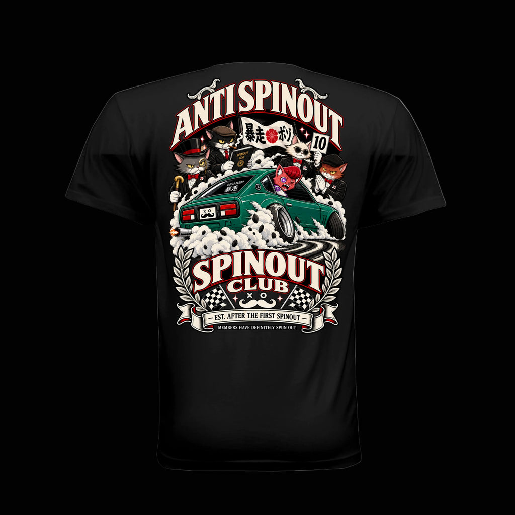 BOSO BOZO Anti Spinout Spinout Club back graphic with Giri spinning out in a green S30 and anime cat judges