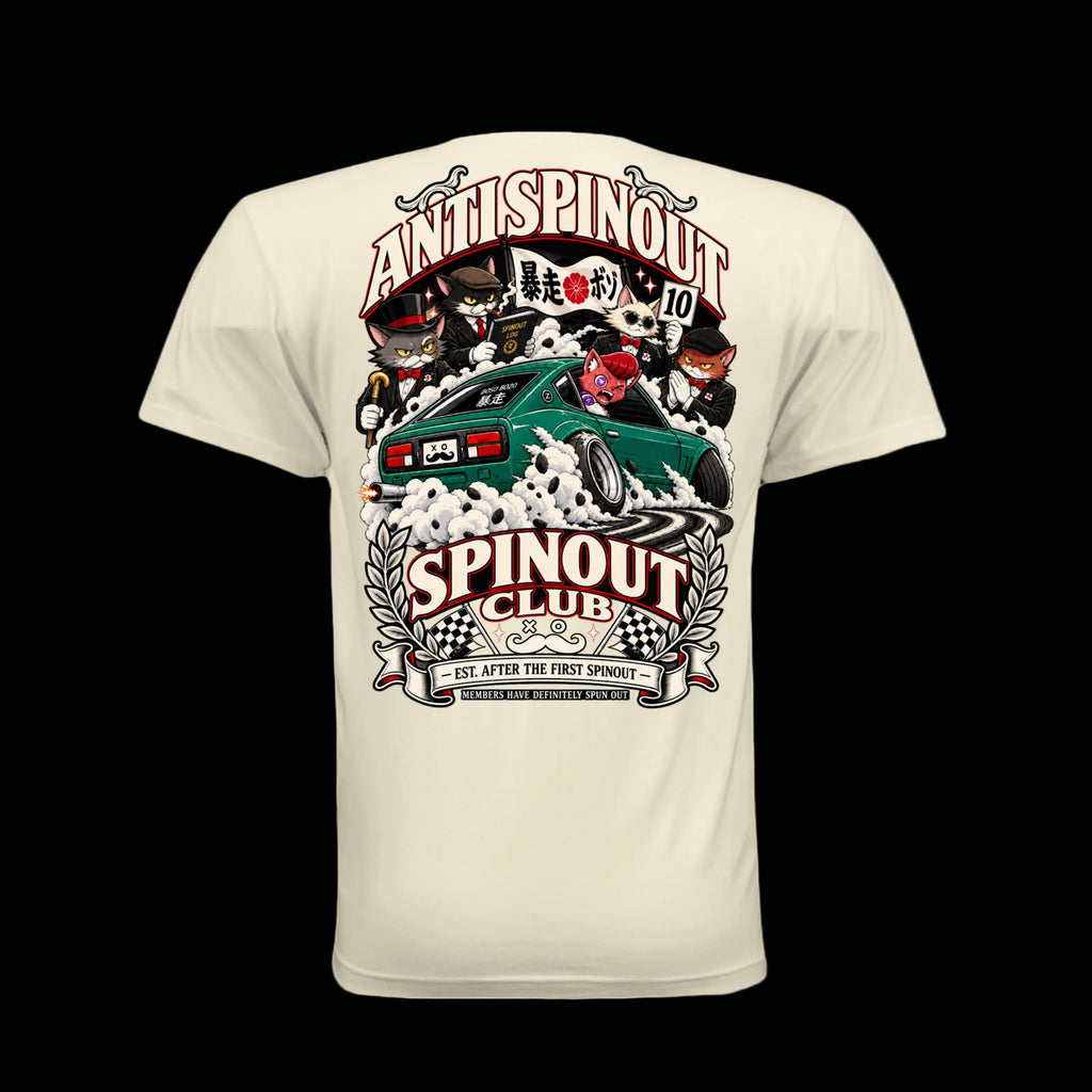 BOSO BOZO Anti Spinout Spinout Club back graphic with Giri spinning out in a green S30 and anime cat judges