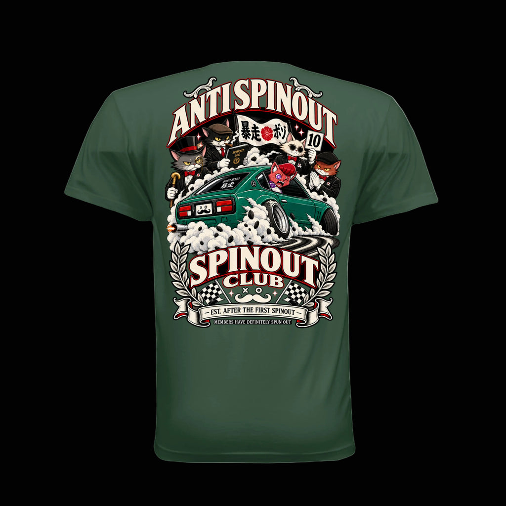 BOSO BOZO Anti Spinout Spinout Club back graphic with Giri spinning out in a green S30 and anime cat judges