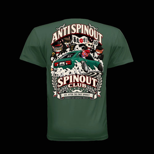 BOSO BOZO Anti Spinout Spinout Club back graphic with Giri spinning out in a green S30 and anime cat judges