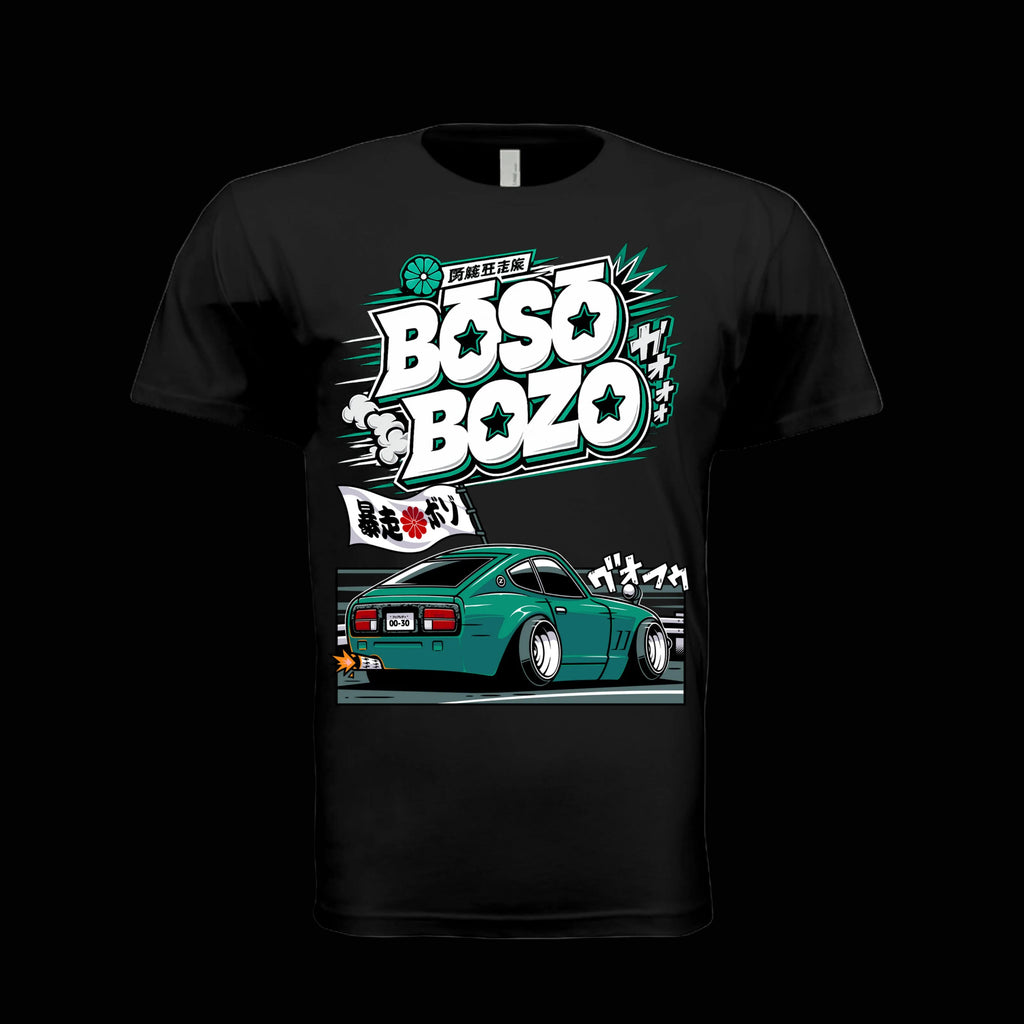 BOSO BOZO S30 graphic tee in black featuring a custom Japanese-inspired illustration of our personal widebody Datsun 240Z by ZENKAI999_.