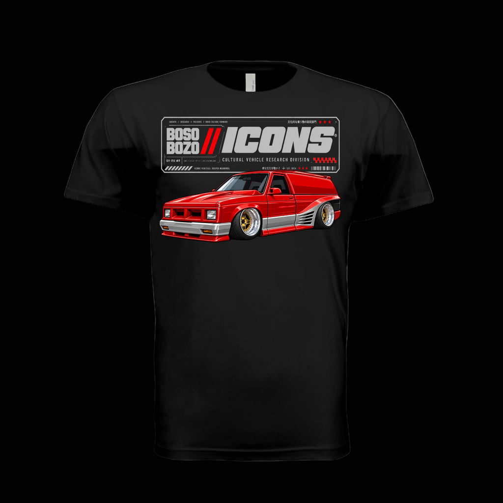 Black BB//ICONS ICON-08 Class Dismissed Tee front with slammed red and silver custom mini-truck and BOSO BOZO Cultural Vehicle Research Division graphic.