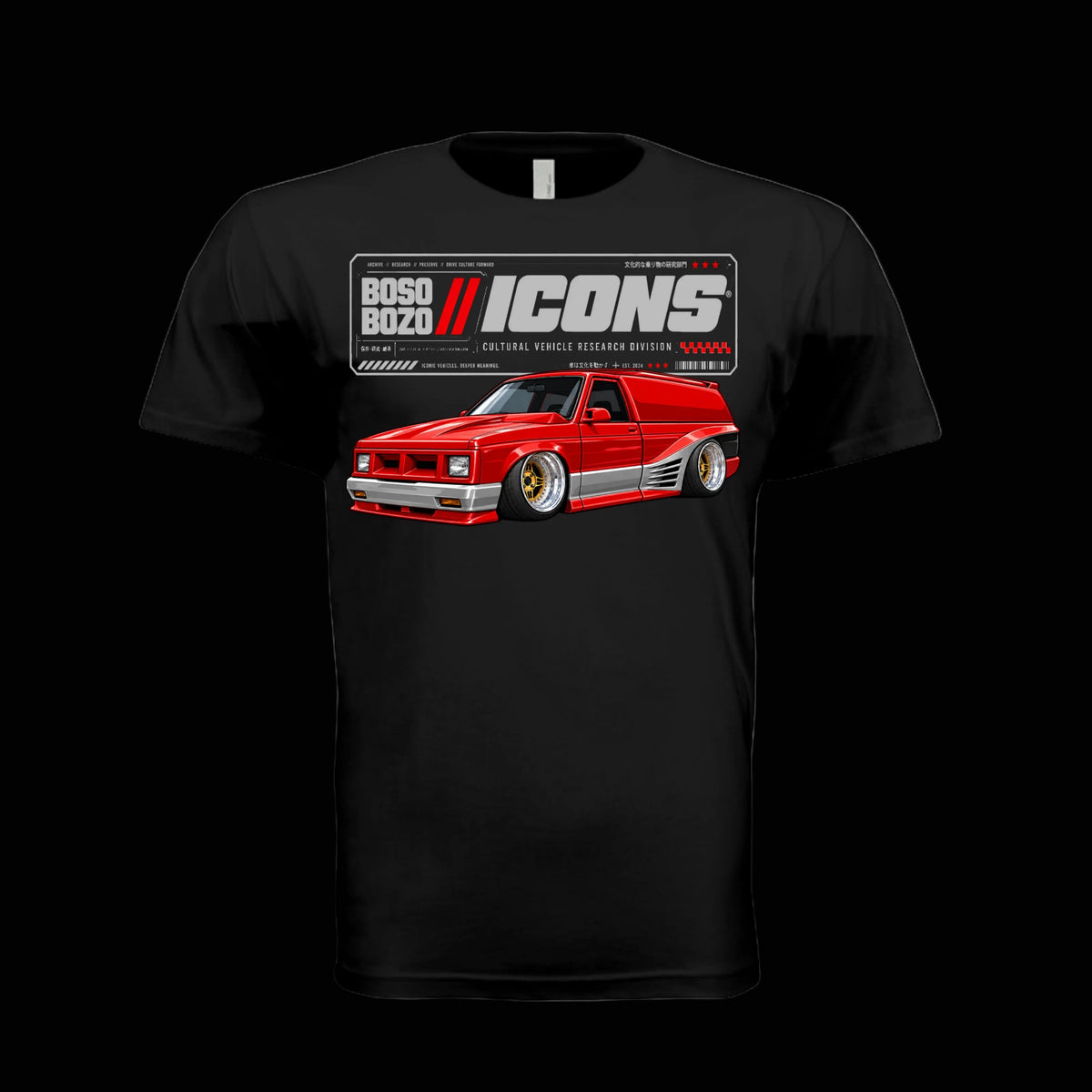 Black BB//ICONS ICON-08 Class Dismissed Tee front with slammed red and silver custom mini-truck and BOSO BOZO Cultural Vehicle Research Division graphic.