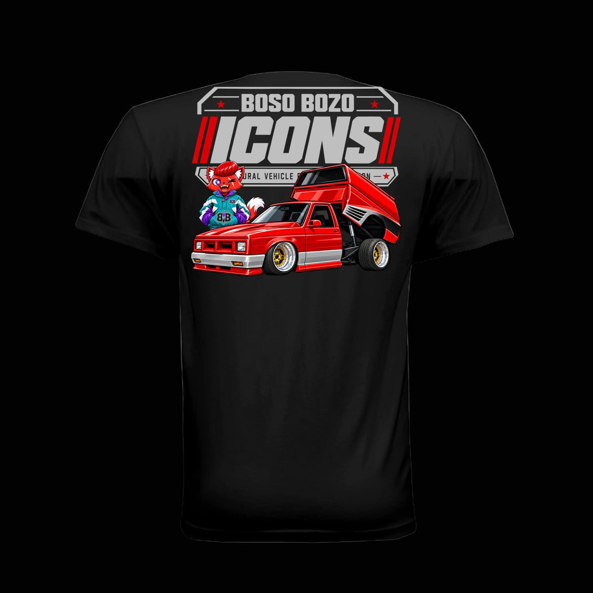 Black BB//ICONS ICON-08 Class Dismissed Tee back with Giri in early-90s BOSO BOZO sportswear and red custom mini-truck with hydraulic rear bed raised.