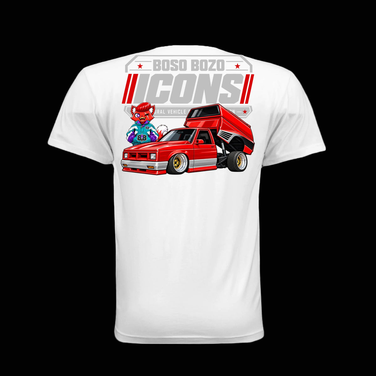 White BB//ICONS ICON-08 Class Dismissed Tee back with Giri in early-90s BOSO BOZO sportswear and red custom mini-truck with hydraulic rear bed raised.