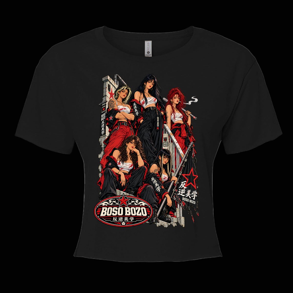 BOSO BOZO GANG GANG  women’s black crop top with female bosozoku 90s OVA anime artwork