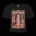 BOSO BOZO Crew Code women’s black crop top with Japanese bosozoku-inspired faux embroidered JDM artwork