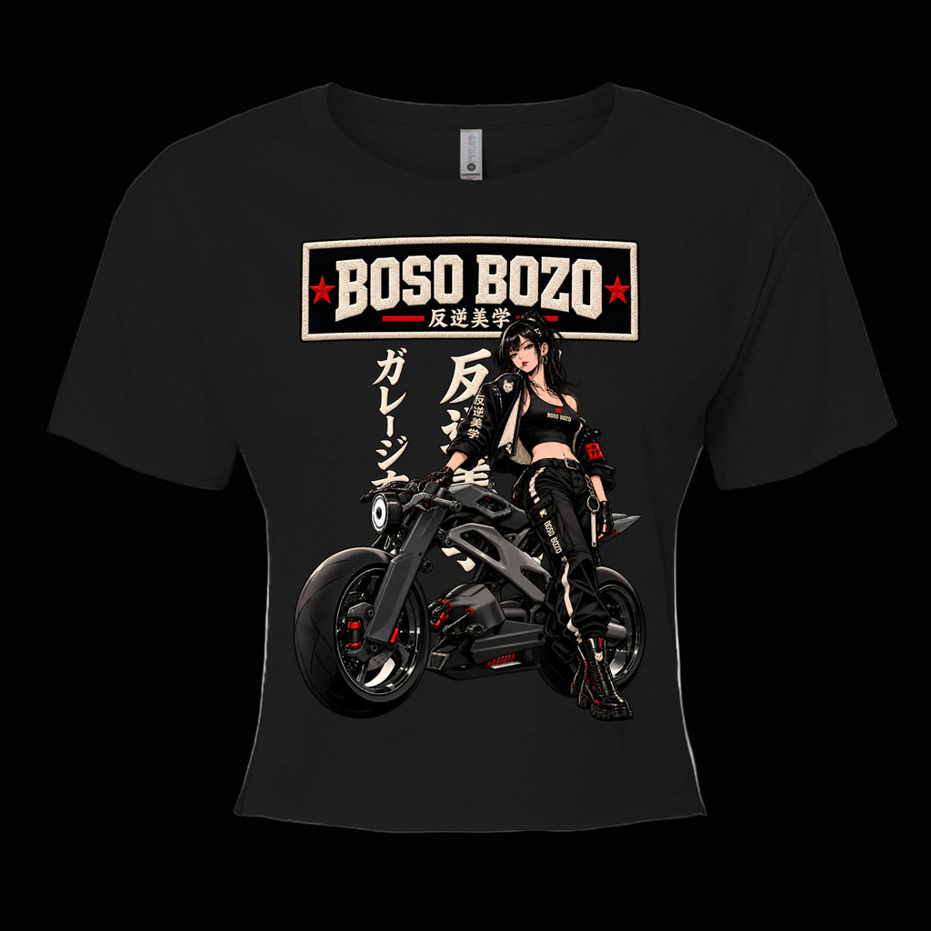 BOSO BOZO Rough Rider women’s black crop top with futuristic cafe racer anime artwork