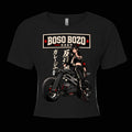 BOSO BOZO Rough Rider women’s black crop top with futuristic cafe racer anime artwork